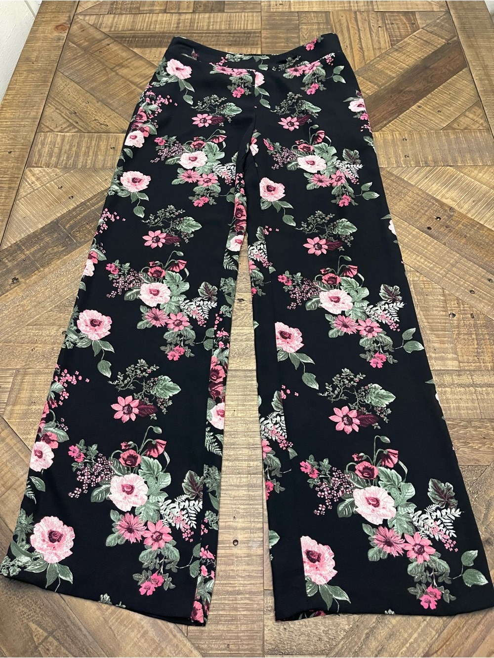 Nine West Black Floral Wide Leg Palazzo Pants Size S Pink Sage Green Flowy